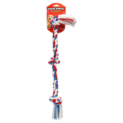 Mammoth Flossy Chews three-knot rope dog toy in red, white, and blue with its retail tag.