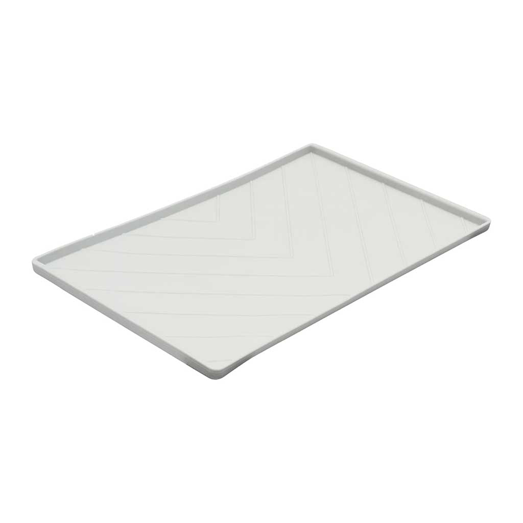 Gray Messy Mutts silicone food mat with a raised border and chevron ridges, shown at an angle.
