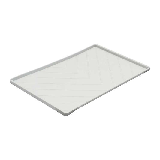 Gray Messy Mutts silicone food mat with a raised border and chevron ridges, shown at an angle.