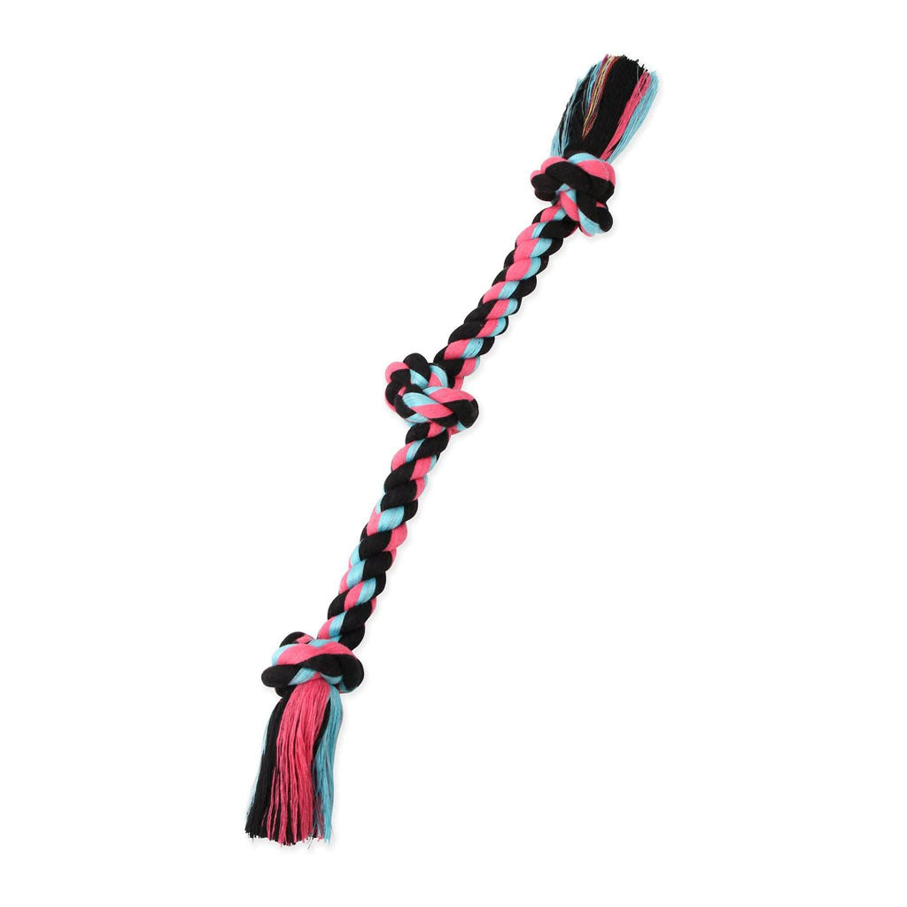 Mammoth three-knot rope dog toy braided in black, pink, and light blue with tassel ends.