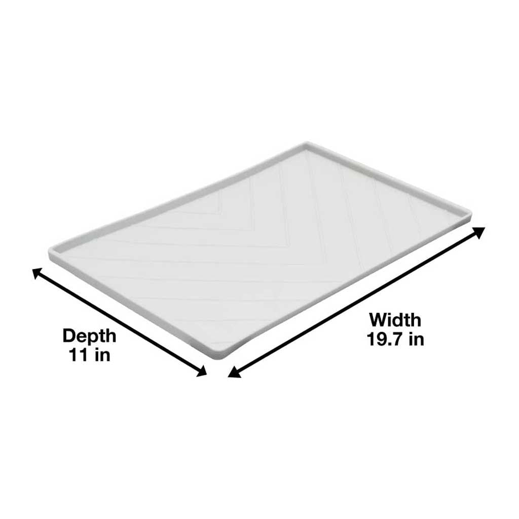 Medium gray Messy Mutts silicone food mat with arrows labeling its width and depth.