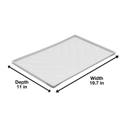 Medium gray Messy Mutts silicone food mat with arrows labeling its width and depth.