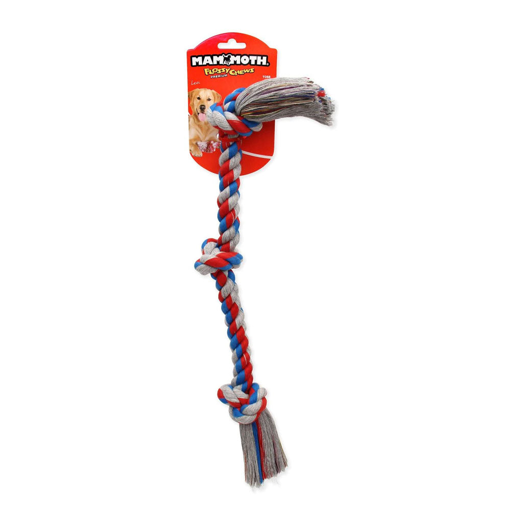 Mammoth Flossy Chews three-knot rope dog toy in red, blue, and gray with its retail tag.