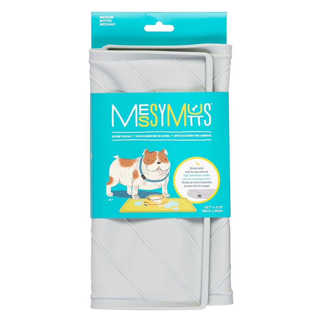 Medium gray Messy Mutts silicone food mat folded in turquoise retail packaging.