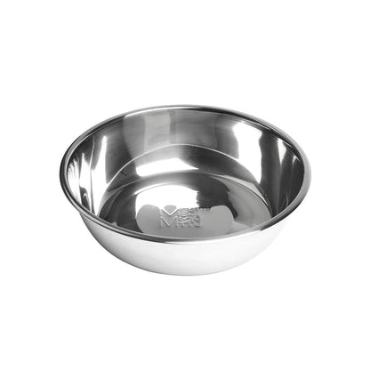 Polished Messy Mutts stainless steel bowl shown from above with the logo embossed inside.