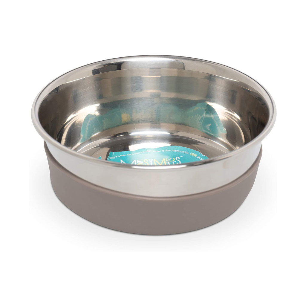 Medium Messy Mutts stainless steel bowl seated in its gray removable silicone base.