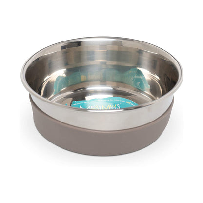 Medium Messy Mutts stainless steel bowl seated in its gray removable silicone base.