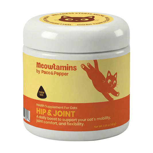 Paco and Pepper Meowtamins hip and joint health supplement for cats. A aily boost to support your cat's mobility, joint comfort, and flexibility. 1.48 oz jar