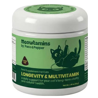 Paco and Pepper Meowtamins longevity and multivitamin food supplement fo cats. A daily support for your cat's long-term vitality and cellular health. 1.46oz jar