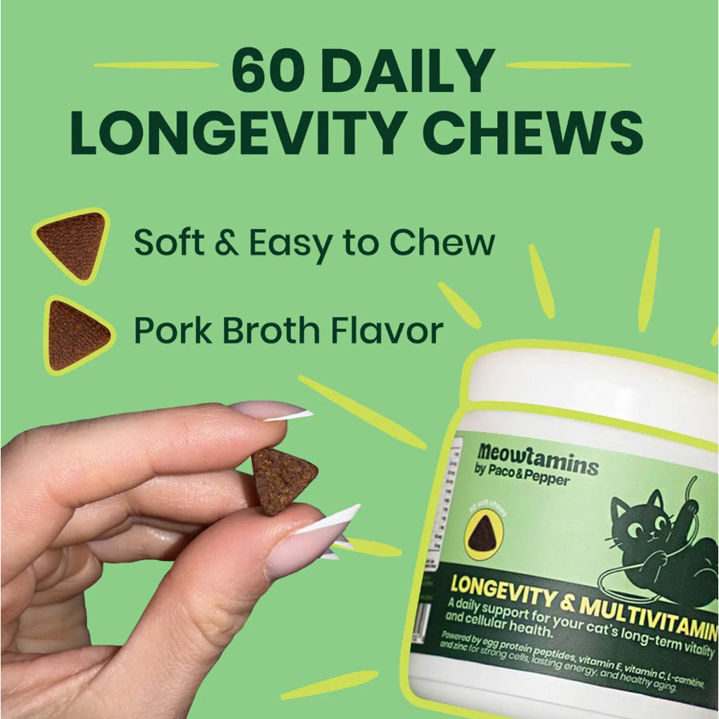 60 daily longevity chews. Soft and easy to chew. Pork broth flavor