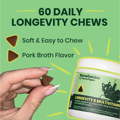 60 daily longevity chews. Soft and easy to chew. Pork broth flavor