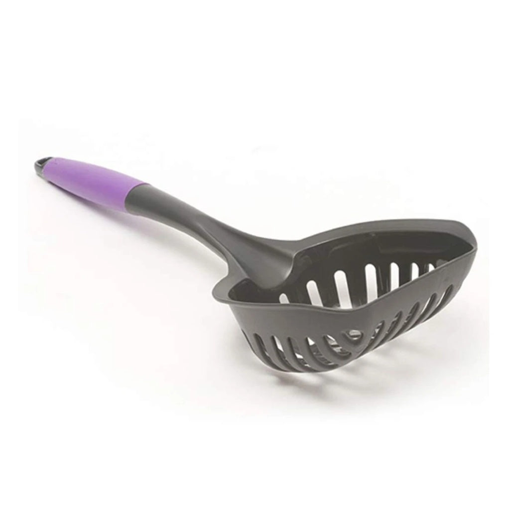 Messy Cats long-handle litter scoop with a gray slotted basket and purple grip, shown from the side.