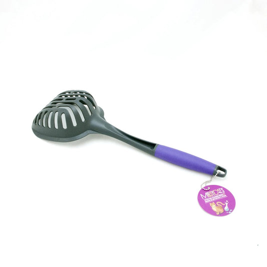 Underside of the gray Messy Cats litter scoop showing its slotted basket, purple grip, and attached retail tag.