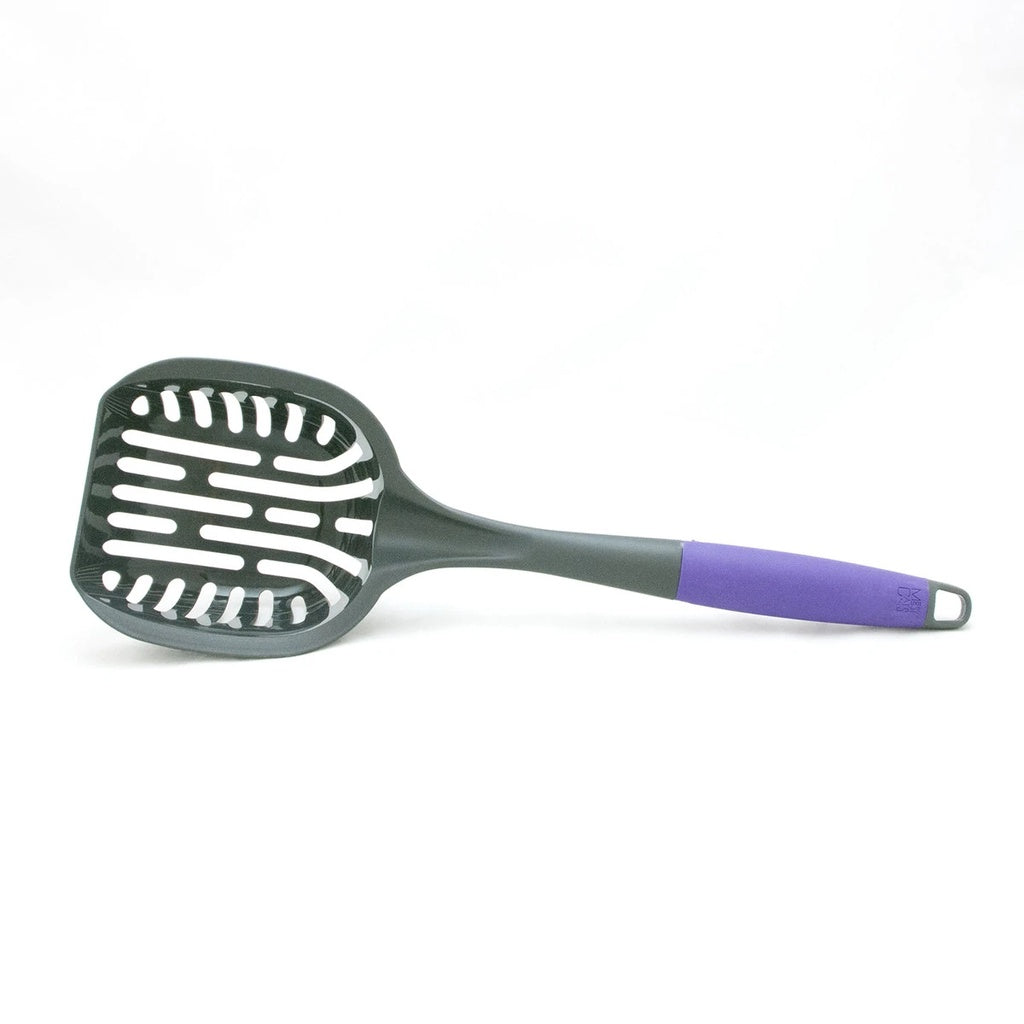 Top view of the Messy Cats long-handle litter scoop showing its gray slotted basket, purple grip, and hanging hole.