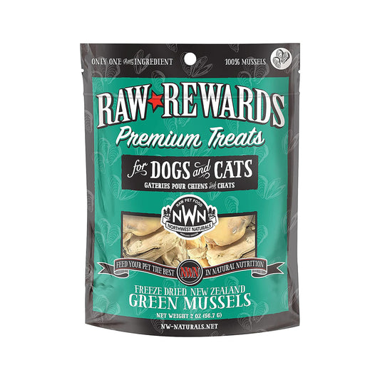 Northwest Naturals Raw Rewards freeze-dried New Zealand green mussel treats for dogs and cats, front of 2 oz bag