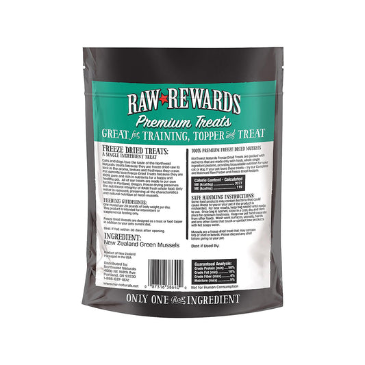 Back of Northwest Naturals Raw Rewards green mussel 2 oz bag showing ingredient, guaranteed analysis, feeding guidelines, and handling instructions
