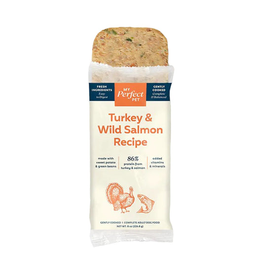 Single My Perfect pet Turkey and Wild Salmon Recipe bar half in its packaging