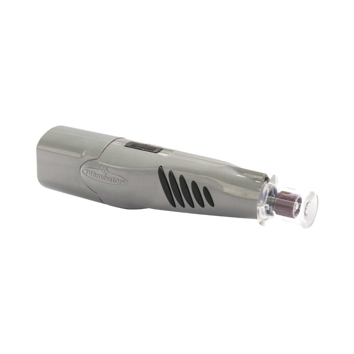 Gray FURminator cordless pet nail grinder with black grip accents and a clear guard around the sanding drum