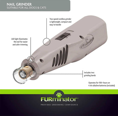 FURminator nail grinder feature diagram showing two speeds, LED light, two grinding bands and operation on four AA batteries