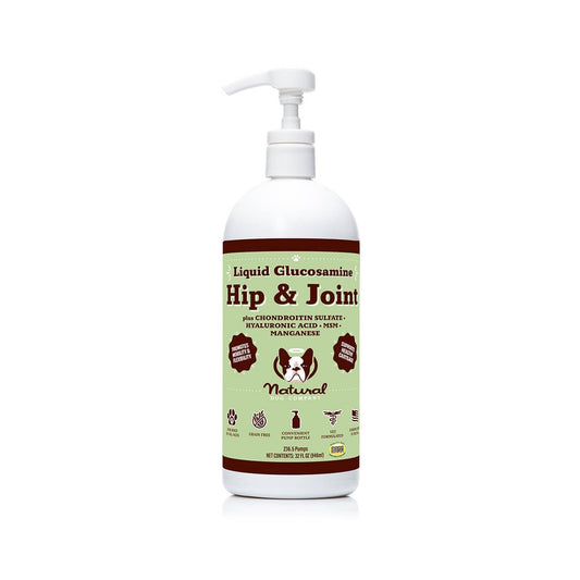 Natural Dog Company Liquid Glucosamine Hip & Joint supplement, 32 oz white pump bottle with a green label.