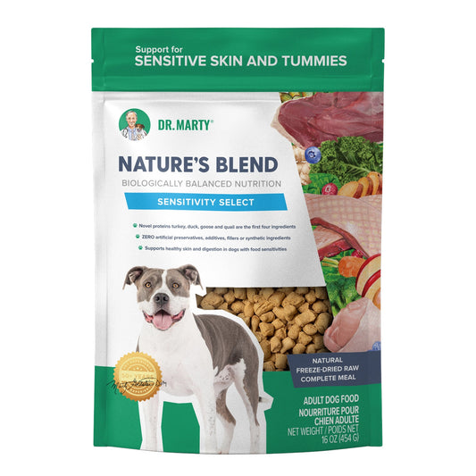 Front of a 16 oz bag of Dr. Marty Nature’s Blend Sensitivity Select freeze-dried raw dog food with a gray and white dog on the label.