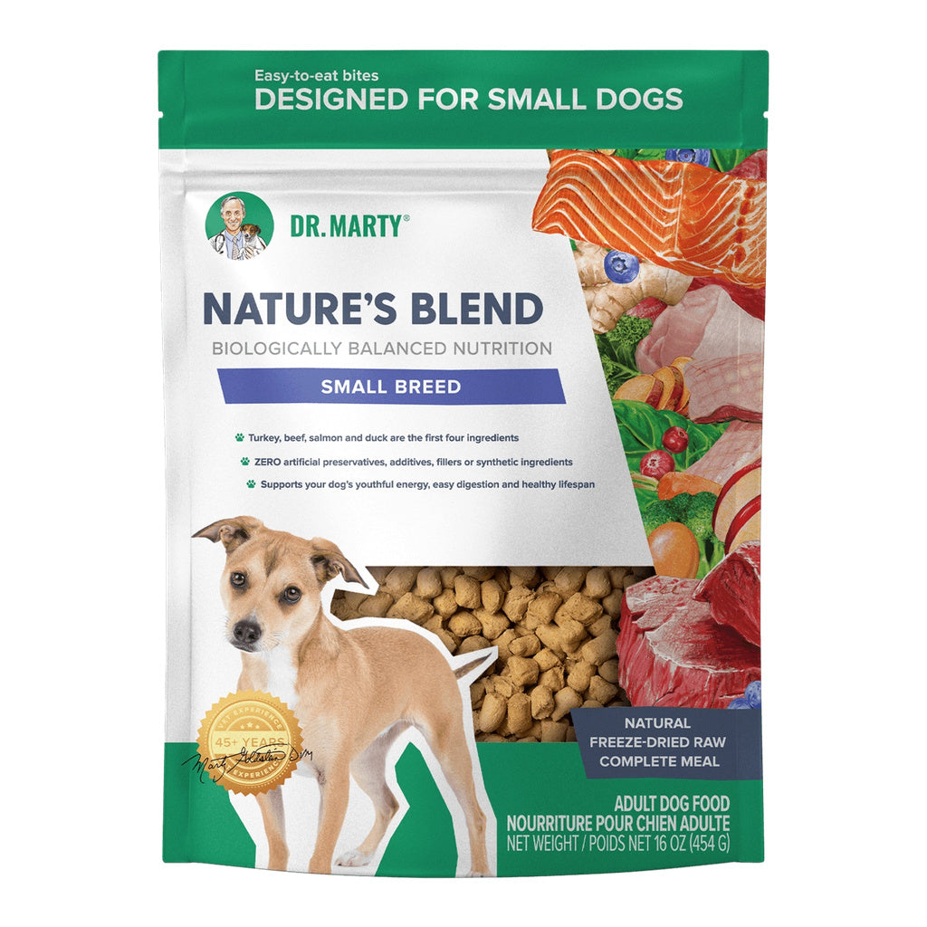 Front of a 16 oz bag of Dr. Marty Nature’s Blend Small Breed freeze-dried raw dog food with a small dog and food pieces visible through the window.