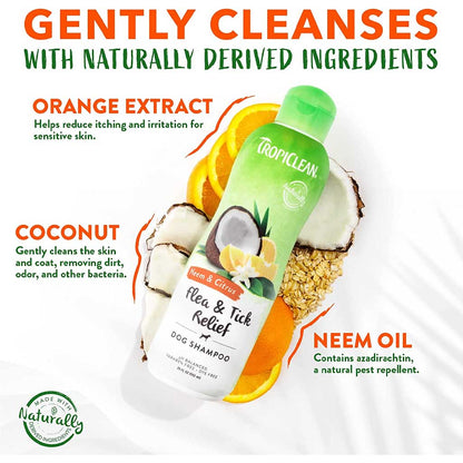 Flea & Tick Relief Neem & Citrus Shampoo 20oz gently cleanses with naturally derived ingredients. 