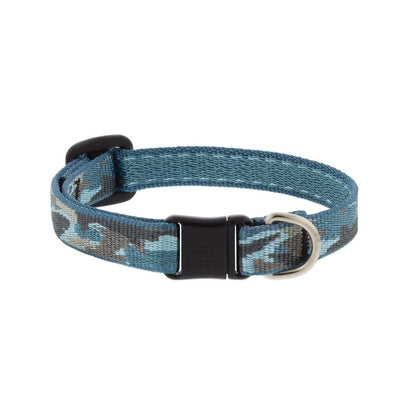 Lupine Pet Sand Shark breakaway cat collar with a blue and gray shark pattern, black safety buckle, and metal identification ring.