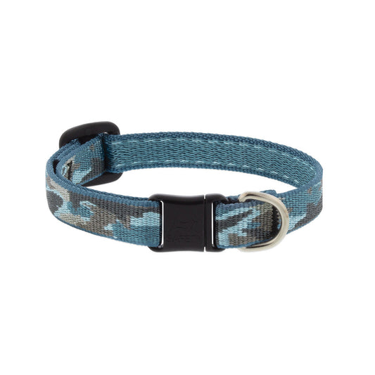 Lupine Pet Sand Shark breakaway cat collar with a blue and gray shark pattern, black safety buckle, and metal identification ring.