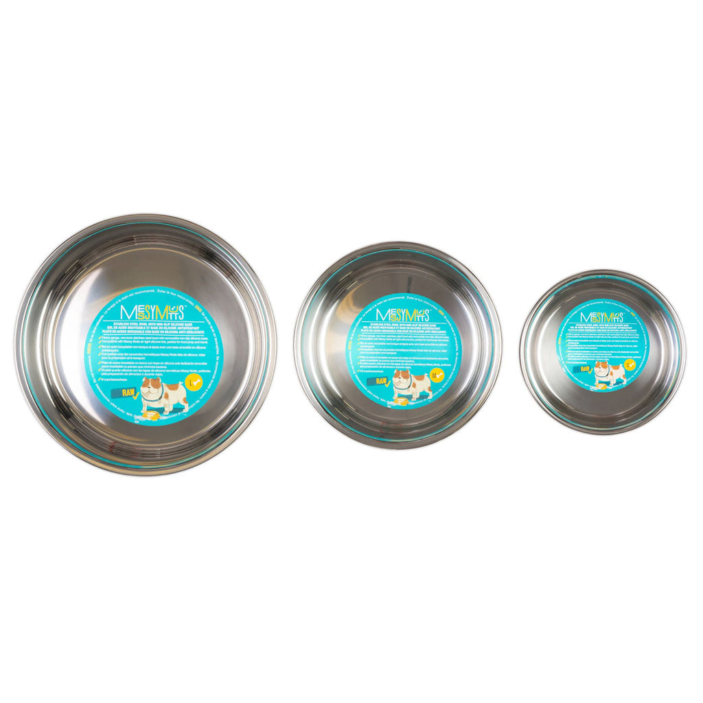Top view of three sizes of Messy Mutts stainless steel bowls with turquoise product labels inside.