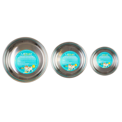 Top view of three sizes of Messy Mutts stainless steel bowls with turquoise product labels inside.