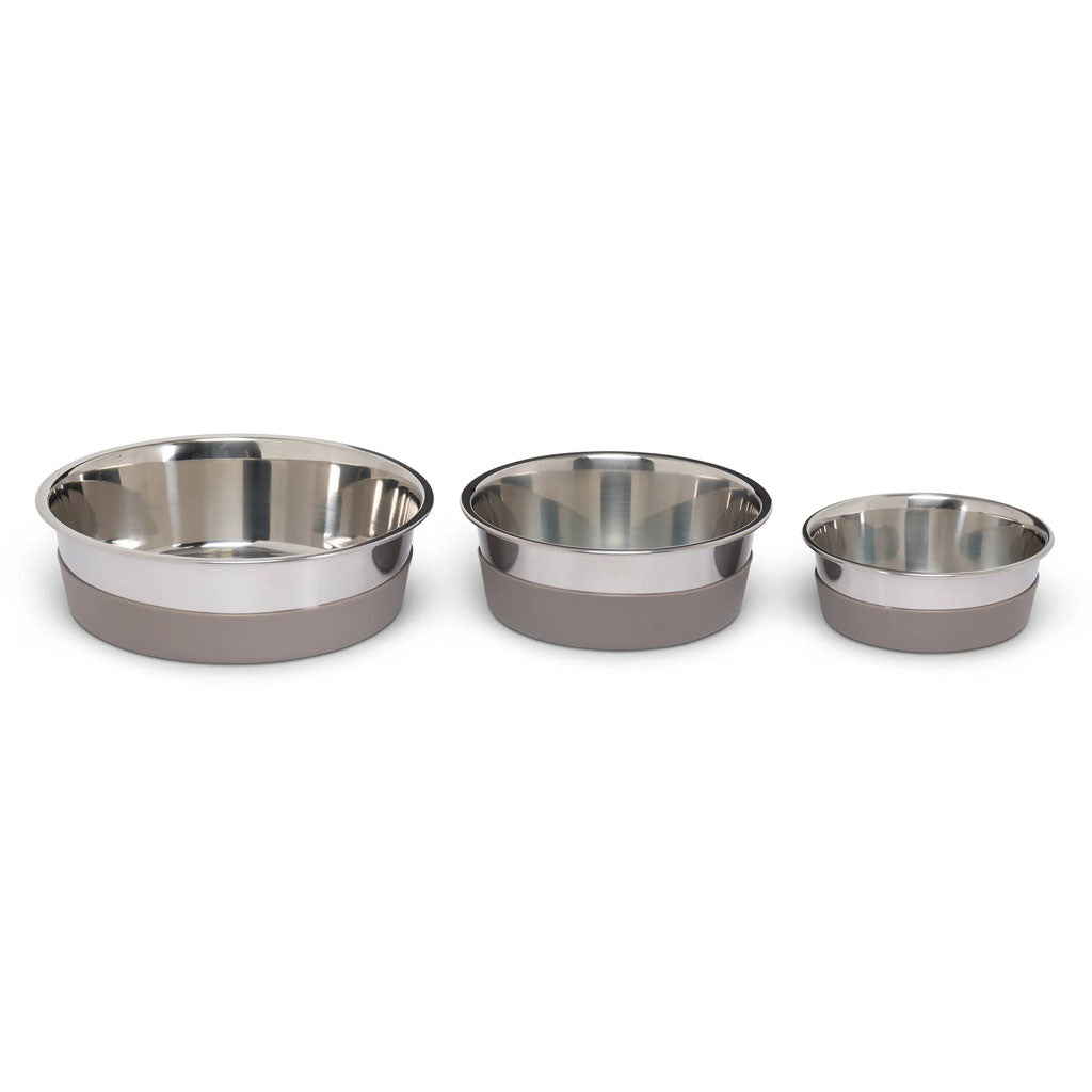 Three sizes of Messy Mutts stainless steel bowls with gray removable silicone bases, arranged largest to smallest.