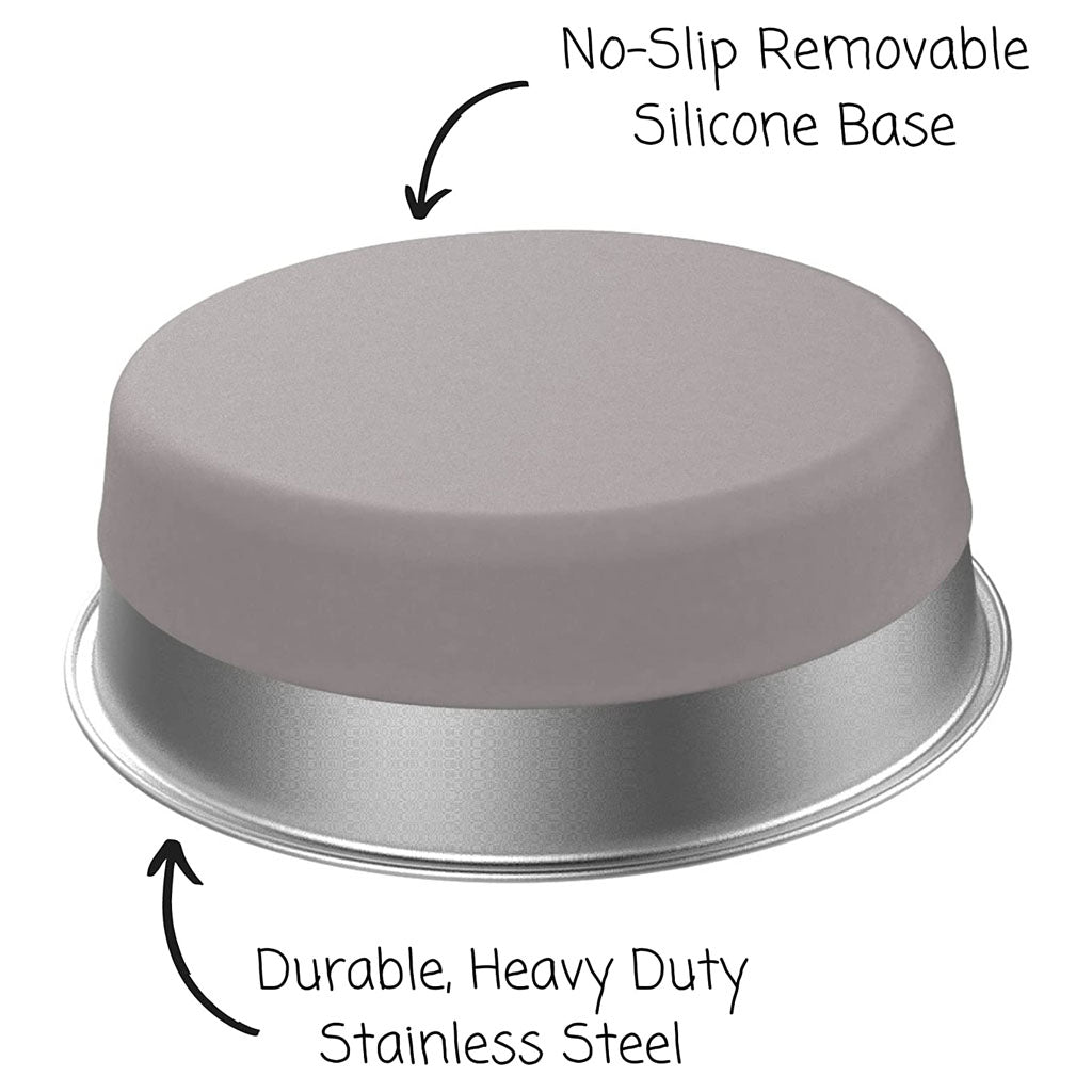 Upside-down Messy Mutts stainless steel bowl with arrows identifying the removable gray silicone base and steel rim.