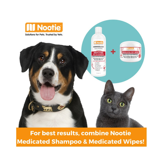 Nootie graphic showing a tricolor dog and gray cat beside Medicated Shampoo and Medicated Pet Wipes, with a message about using the products together.