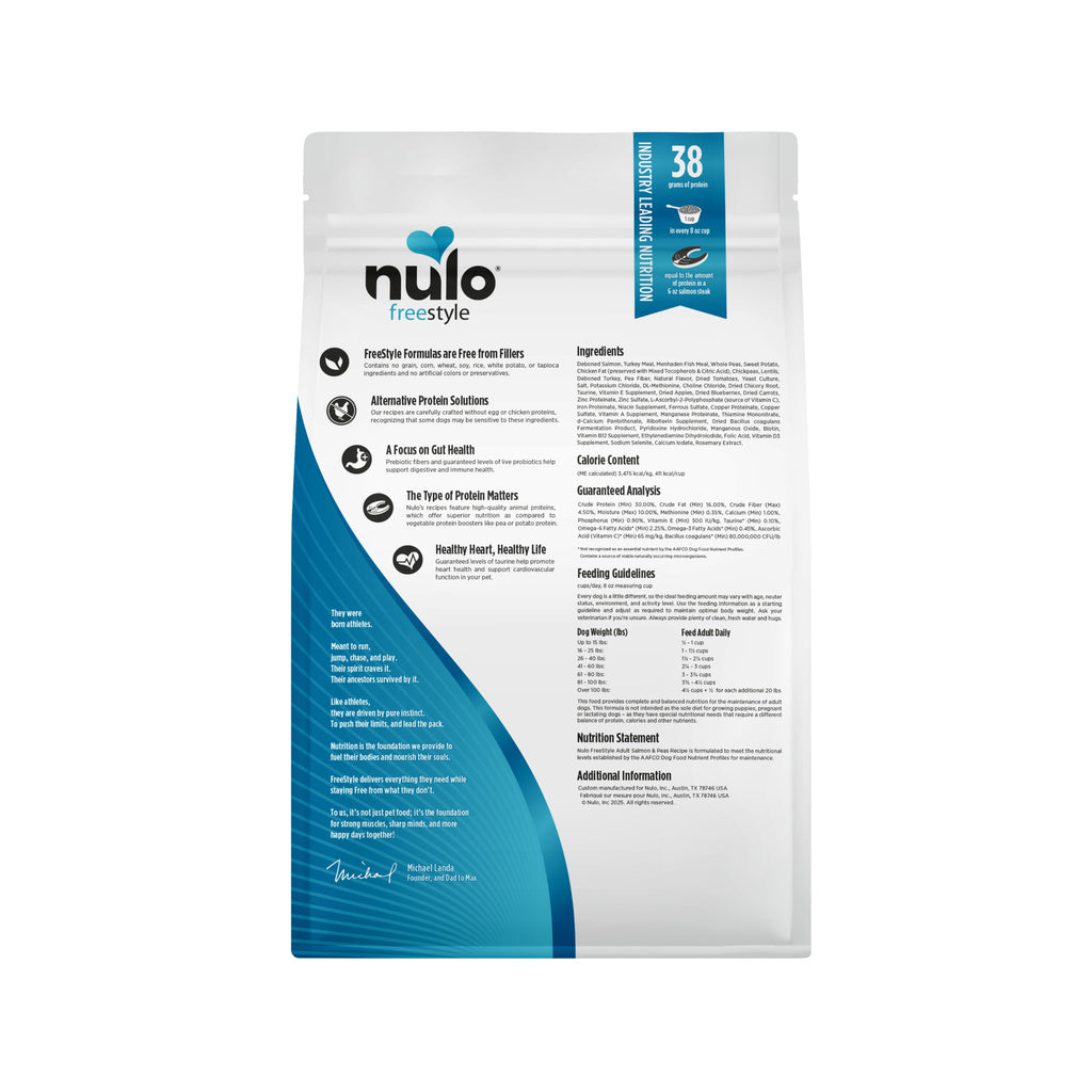 Back of Nulo FreeStyle Salmon & Peas adult dry dog food bag, showing ingredients, guaranteed analysis and feeding guidelines.