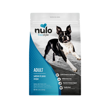 Front of Nulo FreeStyle Salmon & Peas grain-free adult dry dog food bag, with blue packaging and a Boston Terrier, on white.