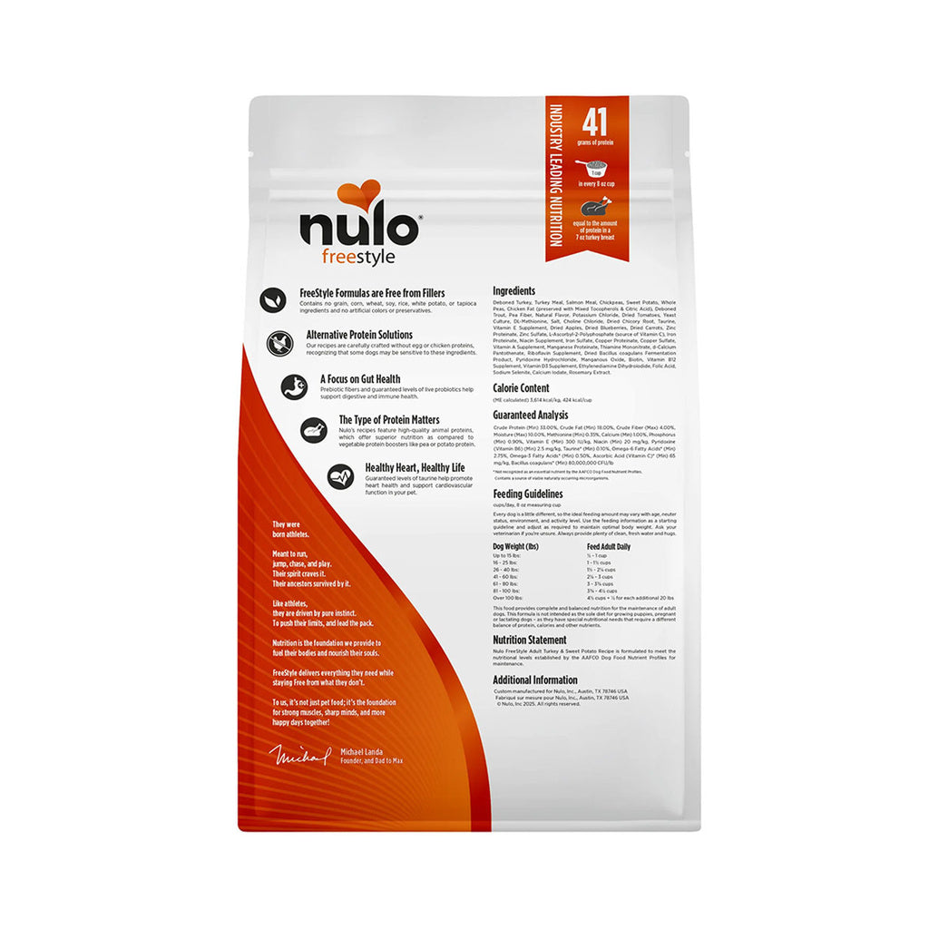 Back of Nulo FreeStyle Turkey & Sweet Potato adult dry dog food bag, showing ingredients, guaranteed analysis and feeding guidelines.
