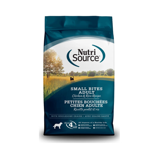 Front of teal NutriSource Adult Chicken and Rice Small Bites dry dog food bag
