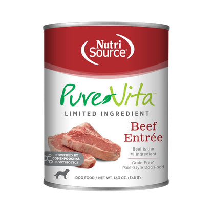 NutriSource PureVita Beef Entrée grain-free pâté-style dog food, front of 12.3 oz can