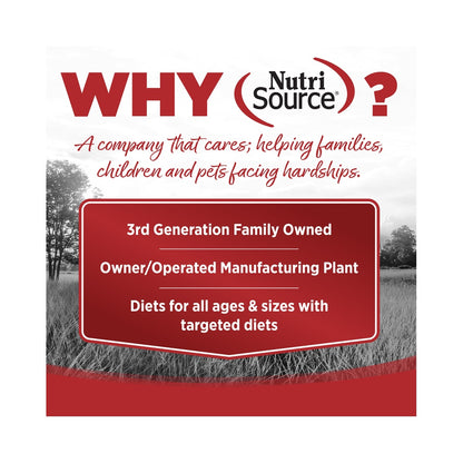 Why NutriSource graphic highlighting third-generation family ownership, its manufacturing plant, and diets for different ages and sizes