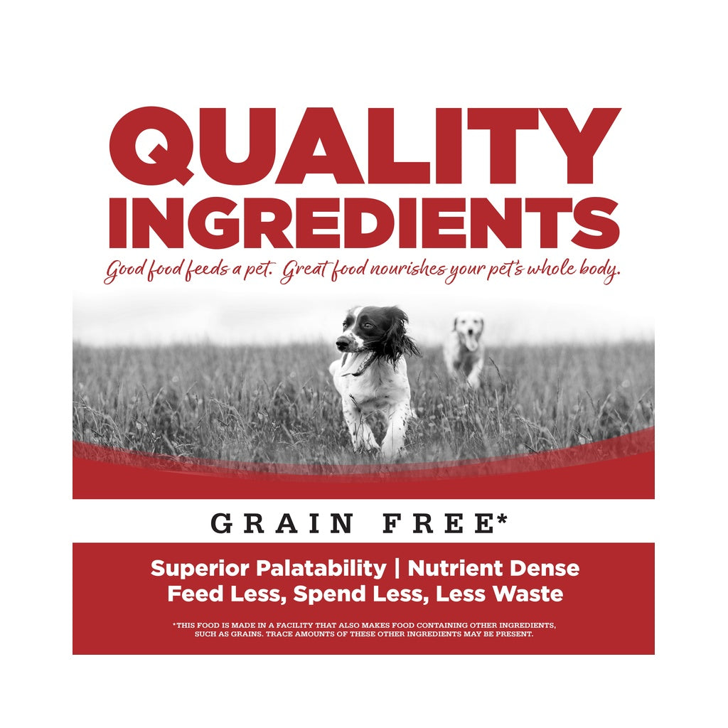 NutriSource Quality Ingredients grain-free graphic with two dogs running through grass and text about palatability and nutrient density