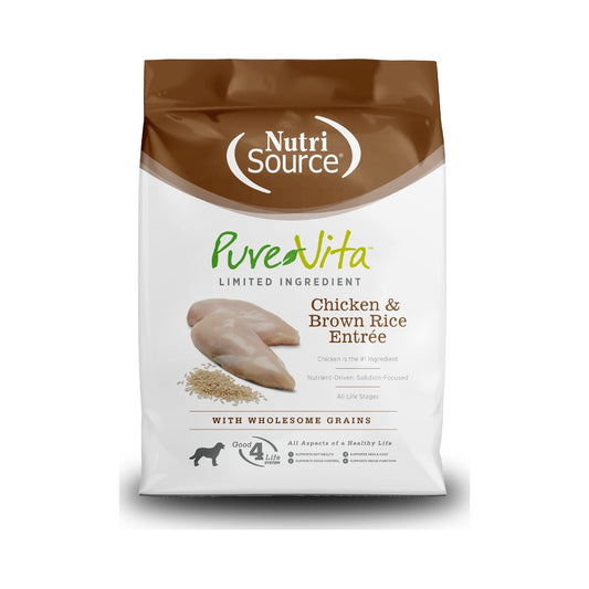 Front of brown and white NutriSource PureVita Chicken and Brown Rice Entrée dry dog food bag