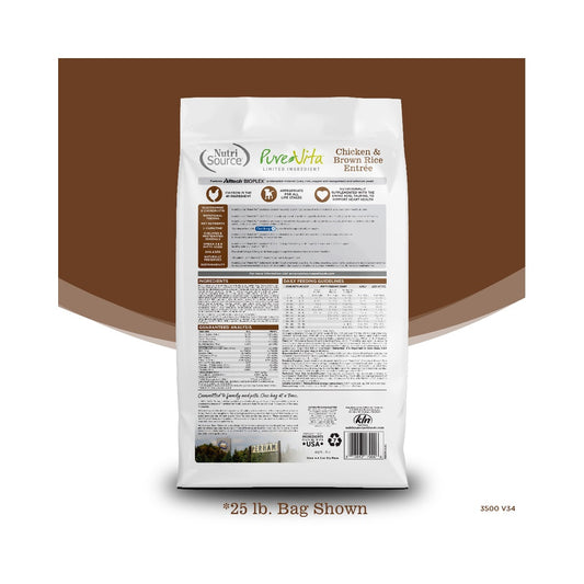 Back of 25 lb NutriSource PureVita Chicken and Brown Rice Entrée dog food bag with ingredients and feeding information
