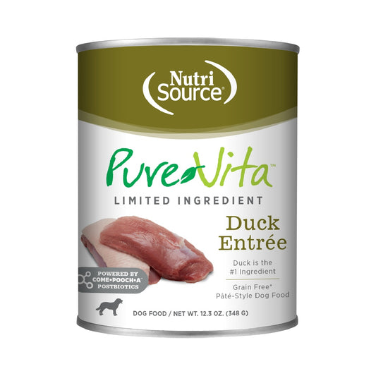 NutriSource PureVita Duck Entrée grain-free pâté-style dog food, front of 12.3 oz can