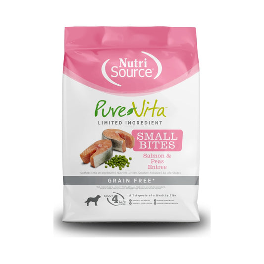 NutriSource PureVita Small Bites Salmon & Peas Entrée grain-free dry dog food, front of pink and white bag