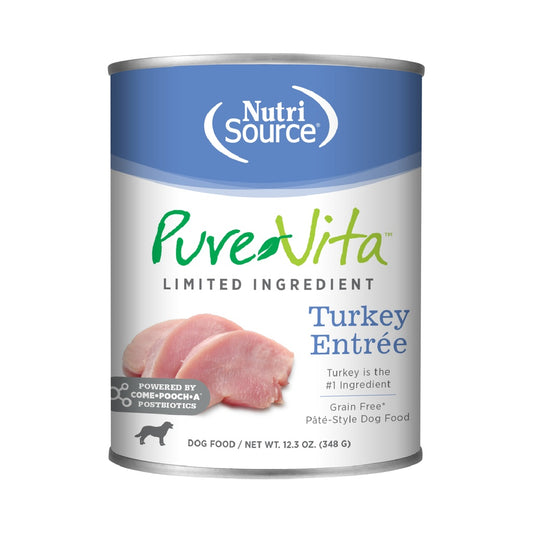 NutriSource PureVita Turkey Entrée grain-free pâté-style dog food, front of 12.3 oz can