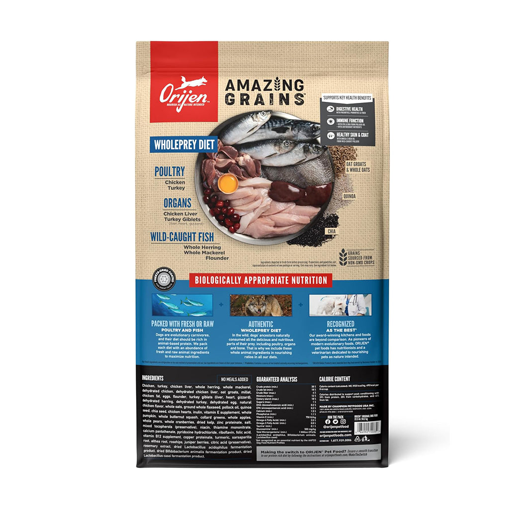 Orijen Amazing Grains Original back of bag. 