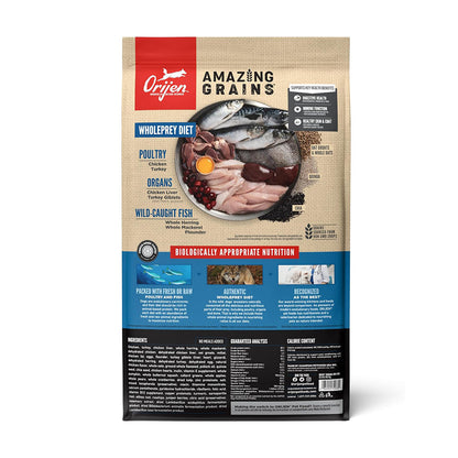 Orijen Amazing Grains Original back of bag. 