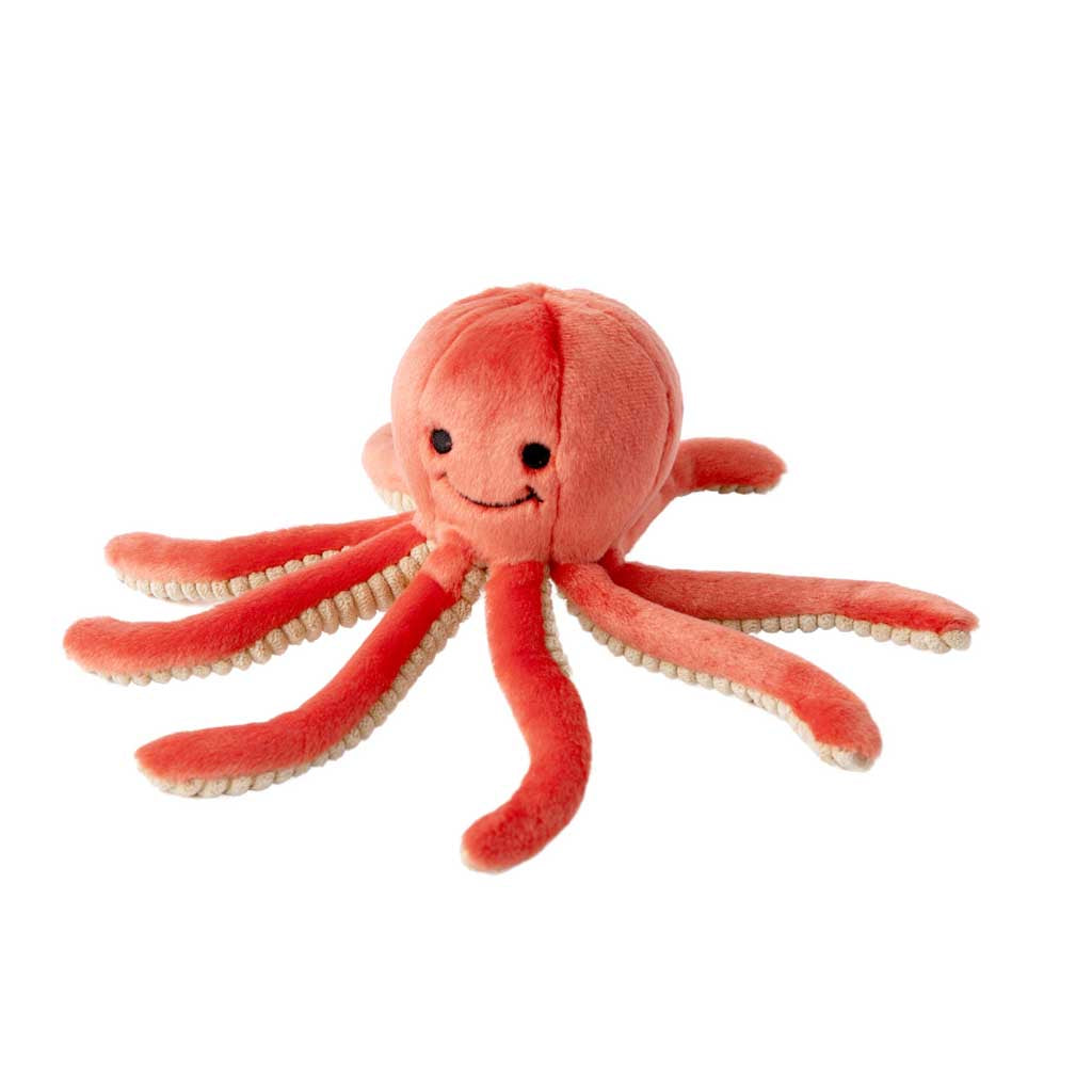 Fluff & Tuff Squirt Octopus plush dog toy with coral-red tentacles spread out on a white background, showing cream textured undersides.