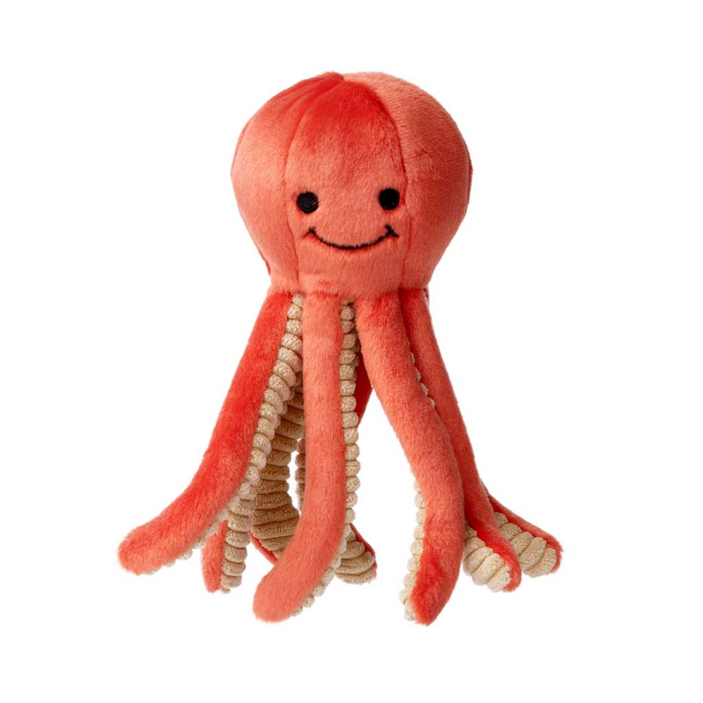 Fluff & Tuff Squirt Octopus plush dog toy with a coral-red head, embroidered smile and long tentacles with cream textured undersides.